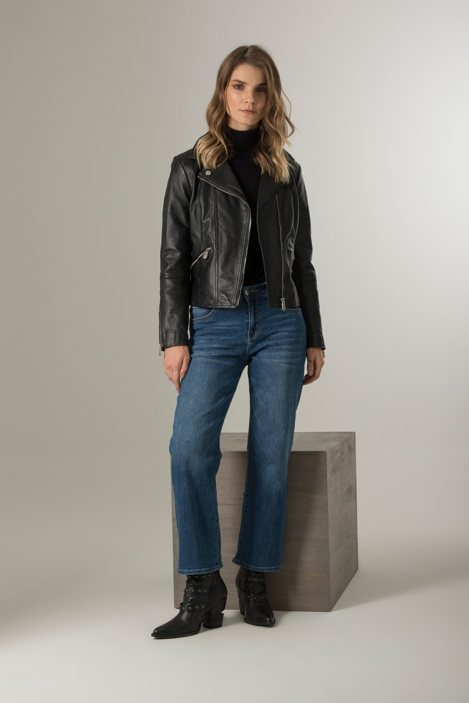 Women’s Island Leather Biker Jacket in Black with Zippers