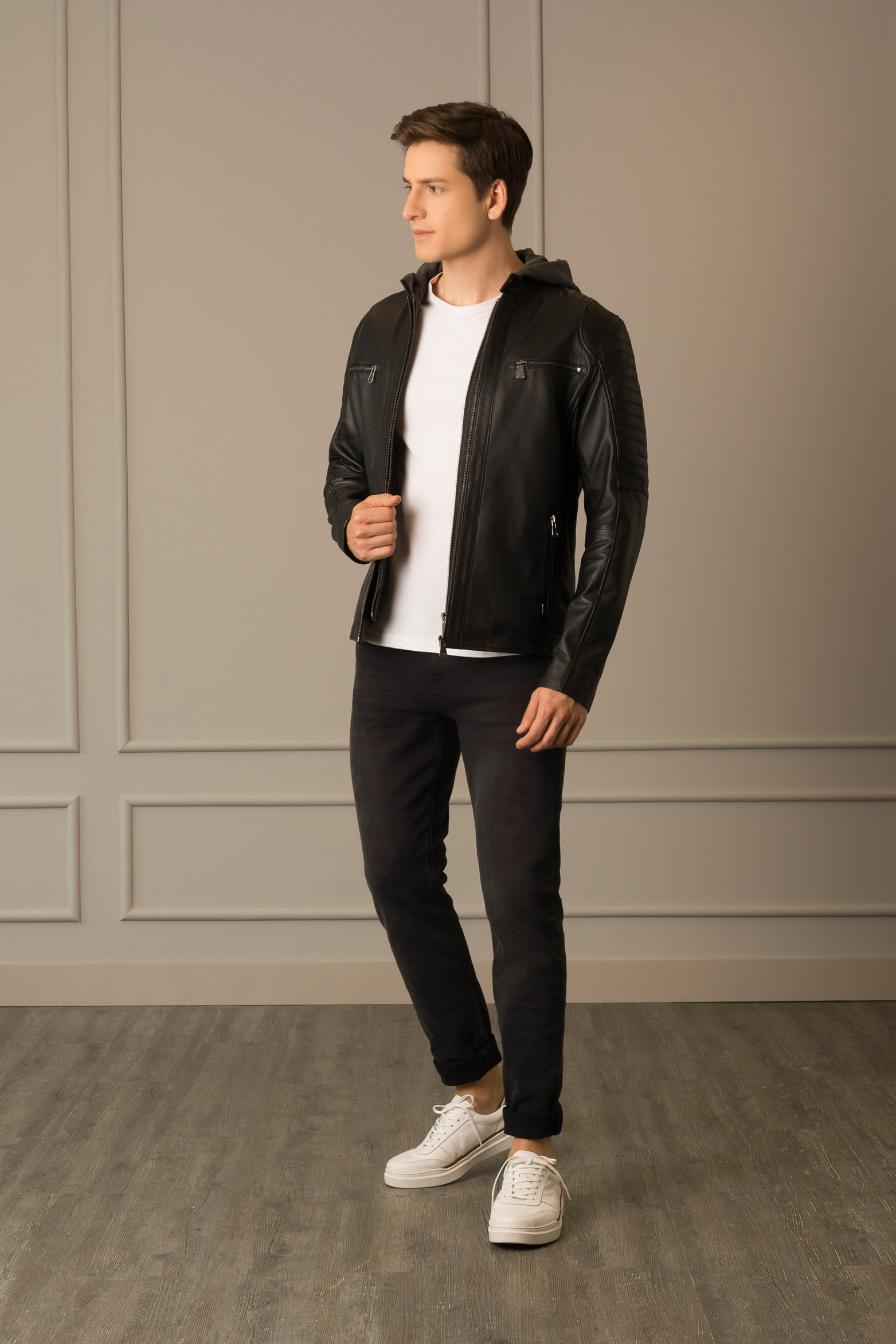 Men’s Belmont Leather Jacket with Hood and Bib