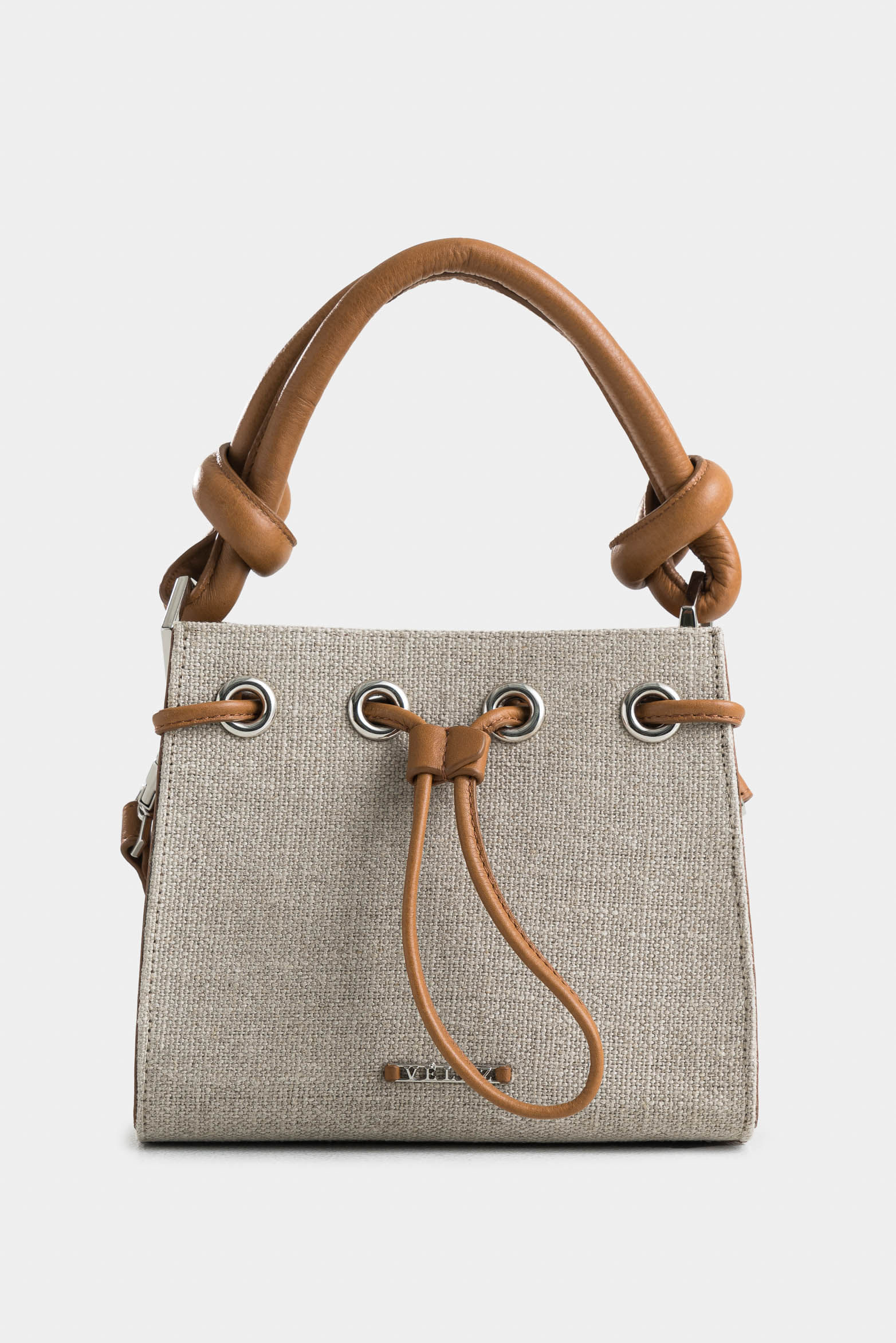 Pers Handheld Leather and Canvas Bag for Women, Knotted Detail