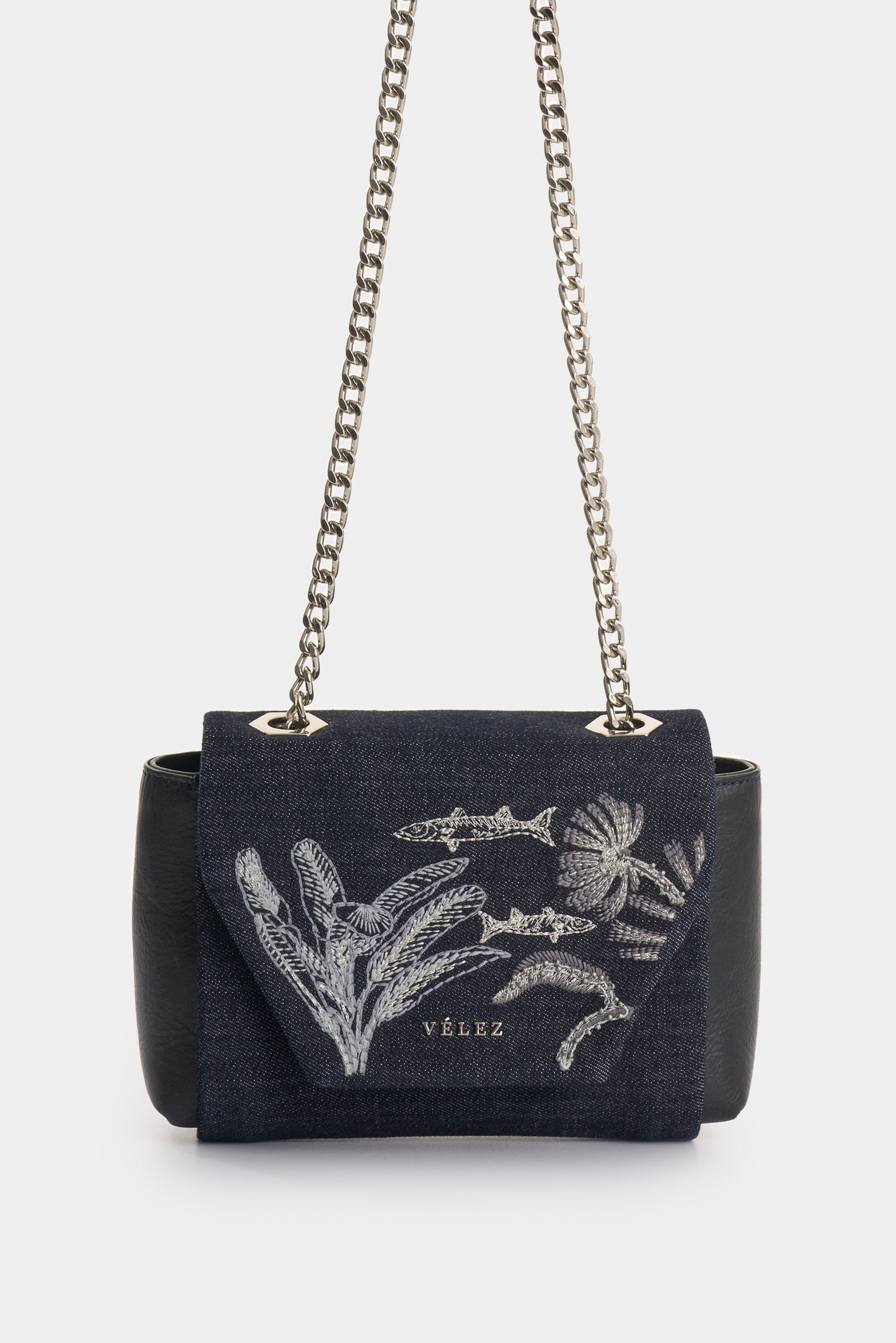 Mini Lili Crossbody in Denim and Leather for Women with Embroidery